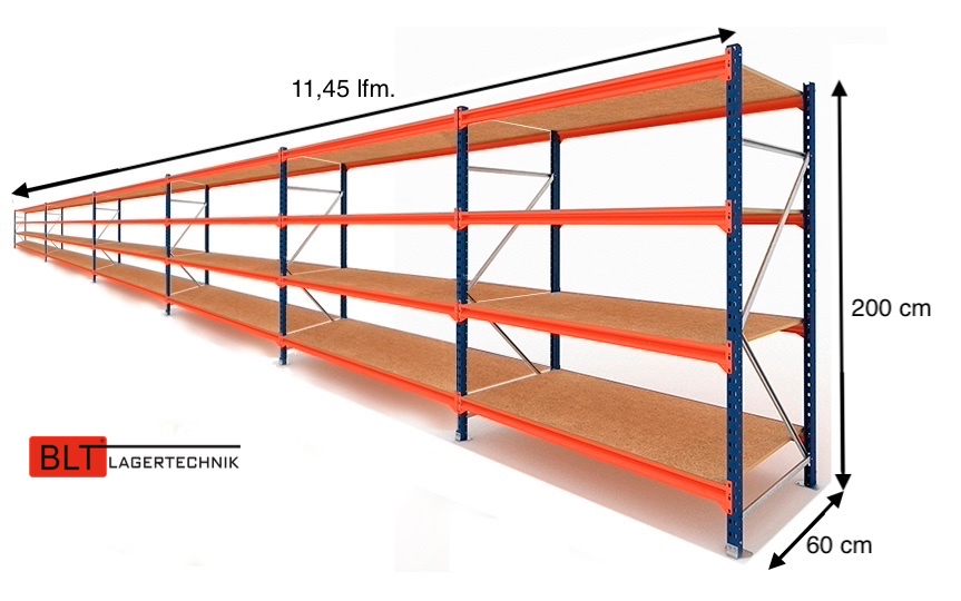 11,45 lfm Weitspannregale 60cm tief , 4 Ebenen, Werkstattregale , Lagerregale , Großfachregale , Handlager , Fachbodenregale